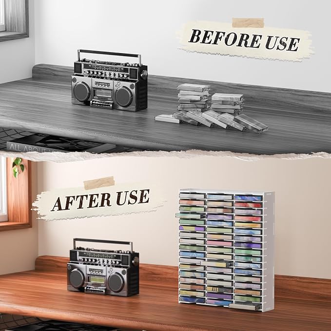 Cassette Tape Storage 51 Slot Desktop Rack 2PCS | Holds up to 102 Cassette Tapes, Wall-Mounted Design Keeps Audio Tapes Organized and Easy to Access - Image 5