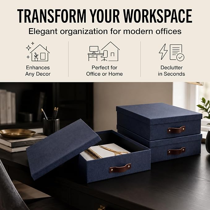 Bigso Oskar Canvas Fiberboard Document Letter Box - File Organizer Box for Important Paperwork - Document Storage with a Lid & Handle - 3.3 in x 10.2 in x 13.8 in - 3 Pack - Blue - Image 2