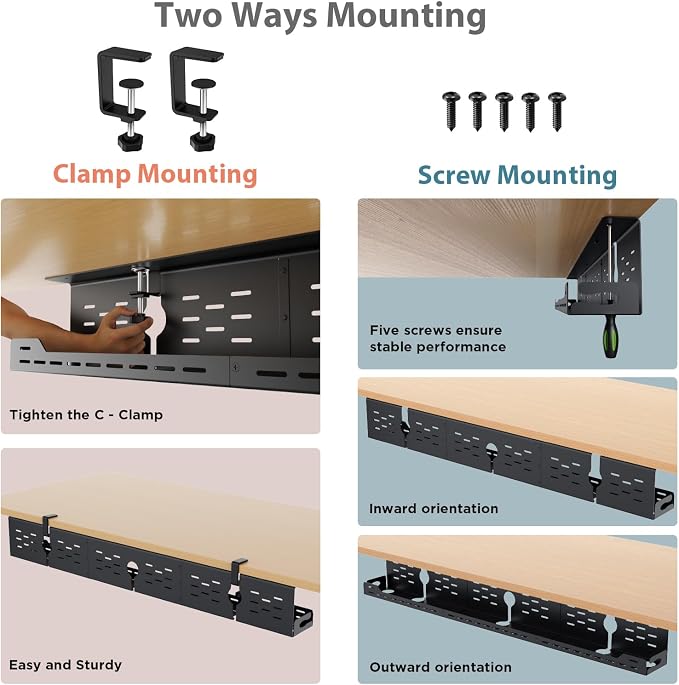 Univivi Under Desk Cable Management Tray, Cable Management, 48 inch, Black | Durable Steel, Cable Management with No-Drill C-Clamp and Screw Mount, Effortless Wire Management for Office/Home - Image 2