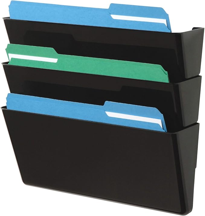 Deflecto Office DocuPocket 73604, Wall File Organizer, Stackable, Letter Size, Black, Set of 3, 13"W x 7"H x 4"D by Deflecto