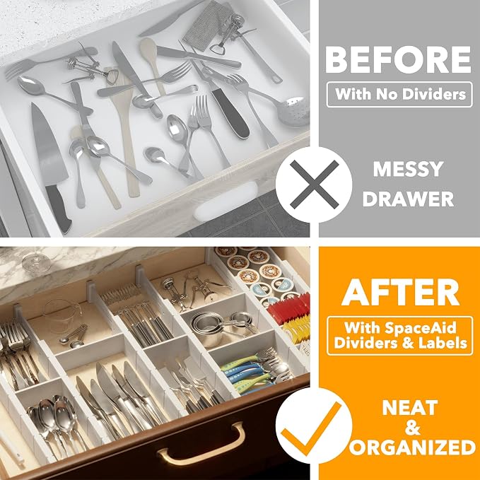 SpaceAid Bamboo Drawer Dividers with Inserts and Labels, Kitchen Adjustable Drawer Organizers, Expandable Organization for Home, Office, Dressers, 7 Dividers with 15 Inserts (17"-22" White) - Image 2