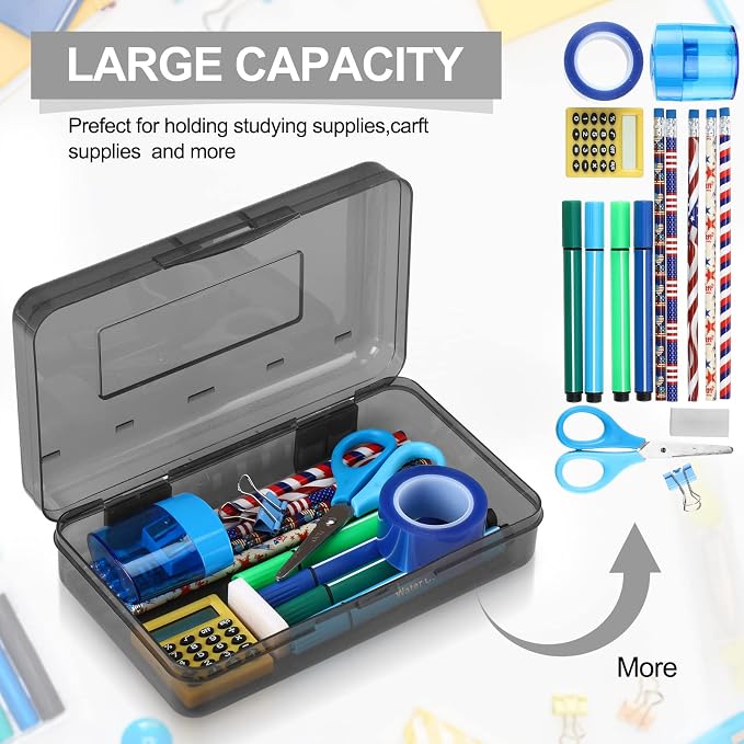 Leelosp 12 Pack Clear Pencil Boxes for School Bulk, Large Plastic Pencil Case with Lid, Stackable Hard Crayon Storage Box for Classroom Kids, Desk Drawer Organizer for Office Home(Gray) - Image 3