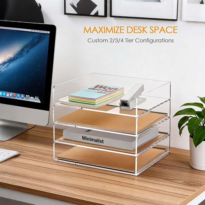 Acrylic Desk Organizer, Stackable Paper Organizer Letter Tray, 4-Tier | Clear Desk Organizers and Accessories, Office Supplies Organizer for Files, A4 Paper, Books, Mails, Office Classroom Home - Image 4