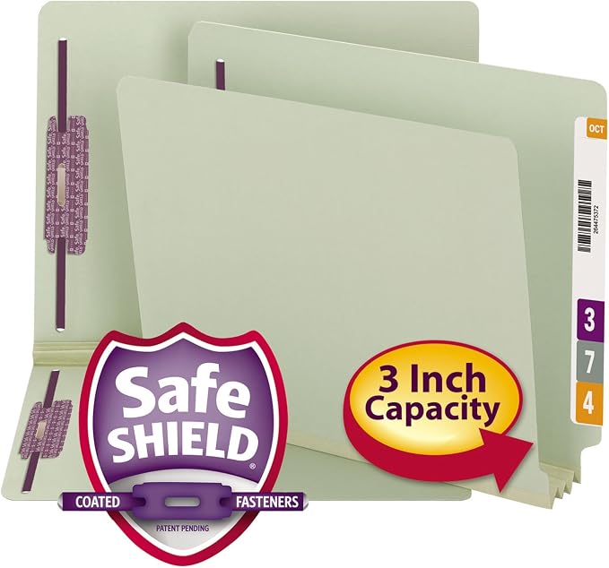 Smead End Tab Pressboard Fastener File Folder with SafeSHIELD Fasteners, 2 Fasteners, 3" Expansion, Letter Size, Gray/Green, 25 per Box (34725) by SMEAD