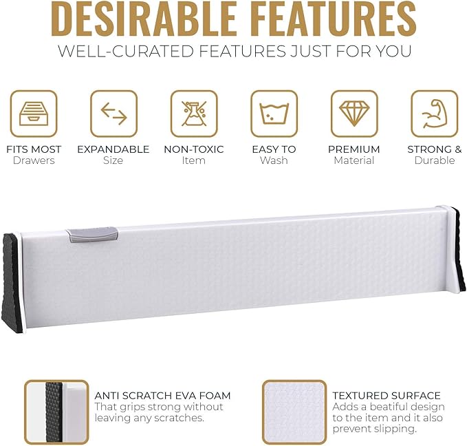 RAPTUROUS Adjustable Drawer Dividers, 2.5" Tall, Expandable 13-22", 8-Pack, Non-Slip for Dresser, Closet, Kitchen, Nursery, and Office (White) - Image 4