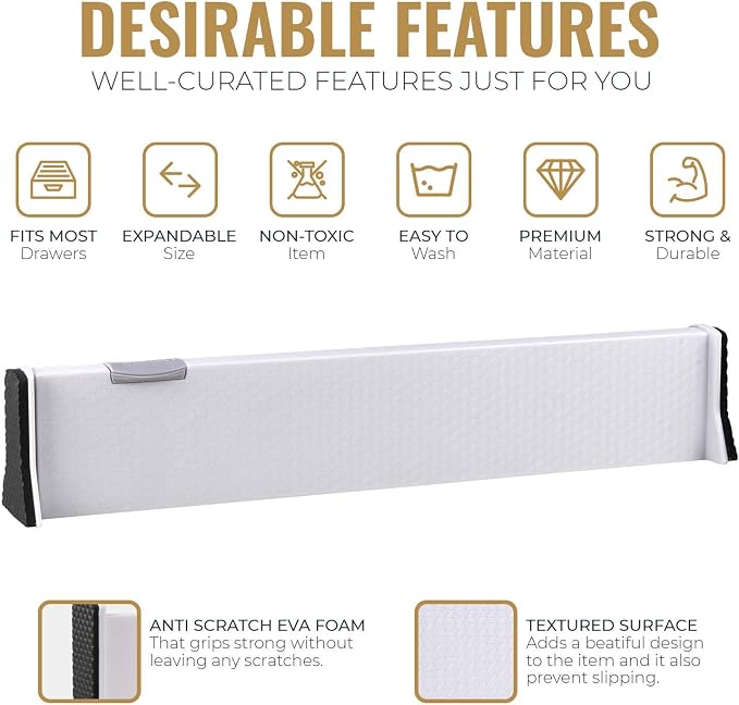 RAPTUROUS Adjustable Drawer Dividers 4 Pack, 2.5" High, 13-22" Long, Dresser Drawer Organizer for Bedroom, Closet, Kitchen, Nursery, Office, Strong Hold, Soft Foam Edges, White - Image 4