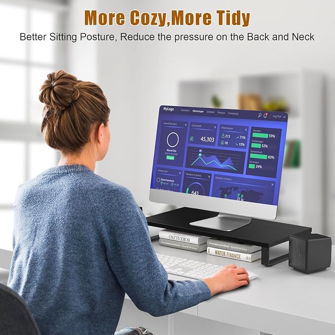 XINYAO Wood Monitor Stand Riser for Desk, 24x12x3 inch, Black | Sturdy wooden & steel computer monitor riser; ergonomic height reduces neck strain; Organizer for Office Laptop, PC, Printer - Image 7
