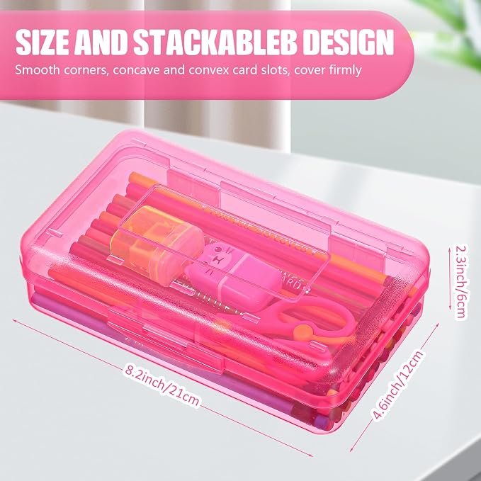 Leelosp 12 Pack Clear Pencil Boxes for School Bulk, Large Plastic Pencil Case with Lid, Stackable Hard Crayon Storage Box for Classroom Kids, Desk Drawer Organizer for Office Home(Pink) - Image 2