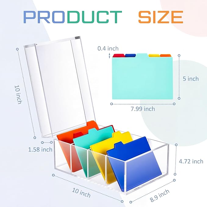Mooliwe Index Card Holder Clear Acrylic Card Organizer 50 Pcs Divider Sheets for Desk File Note Holders, 4 Compartments Holds 600 Cards (5 x 8 Inch) - Image 2