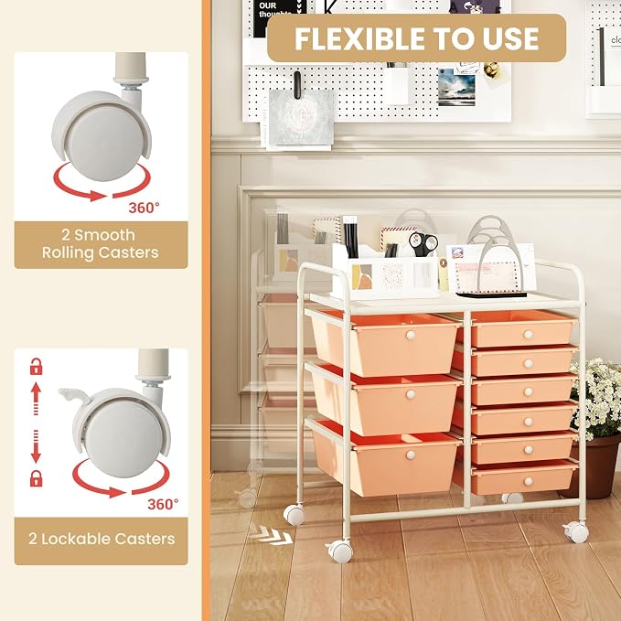 COSTWAY Rolling Storage Cart with 9 Drawer, Utility Cart with Metal Frame | Mobile Art Supply Craft Organizer, Multipurpose Storage Organizer for Paper, Office, School Teacher, Classroom, Peach - Image 5
