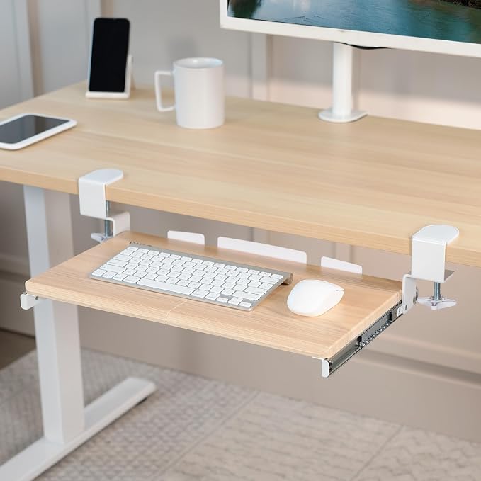 VIVO Small Clamp-on Computer Keyboard and Mouse Under Desk Slider Tray, 20 x 11 inch Pull Out Platform Drawer, Light Wood, MOUNT-KB05ES-A | Keyboard Tray for Typing, Slide Out Platform, Extra Sturdy C-Clamp Mount System, Computer Drawer, White Frame - Image 2