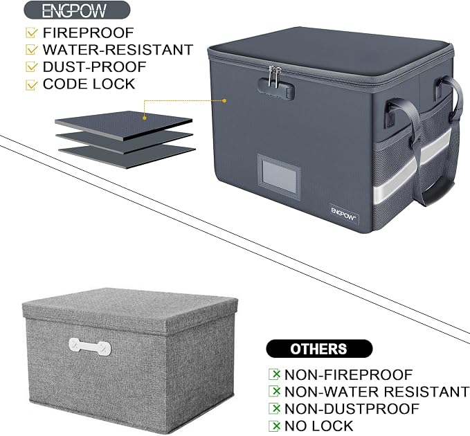 ENGPOW File Box with Lock, Fireproof Document Box with Zipper Lid, Collapsible File Organizer Storage Filing Cabinet with Handle, Portable Home Office Safe for Hanging Letter/Legal Folders, Grey - Image 8