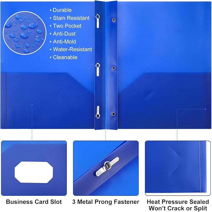 Cholemy 32 Packs Pocket Folders with Prongs Heavy Duty Plastic Folder with Business Card Slot 3 Prong Fasteners for School Office (Blue) - Image 3