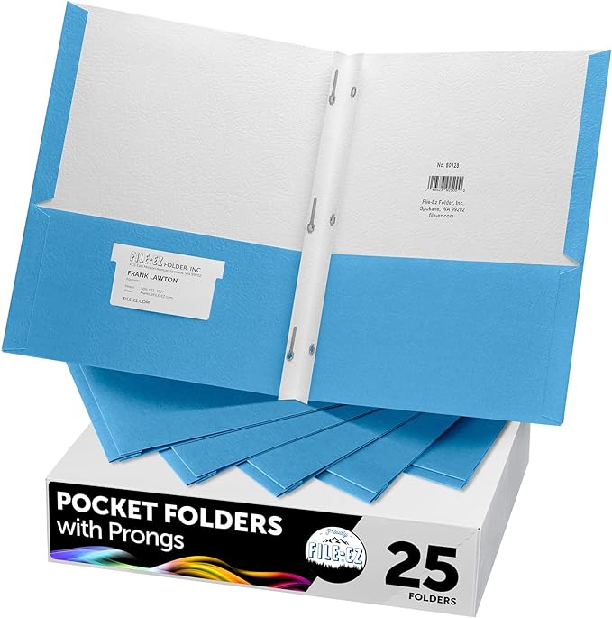 FILE-EZ Two-Pocket Folders with 3-Prong Fasteners, Light Blue Color, 25-Pack, Durable Textured Paper, Matte Finish, Letter Sheet Size (EZ-92520) by FILE-EZ