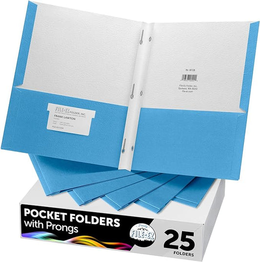 FILE-EZ Two-Pocket Folders with 3-Prong Fasteners, Light Blue Color, 25-Pack, Durable Textured Paper, Matte Finish, Letter Sheet Size (EZ-92520) by FILE-EZ