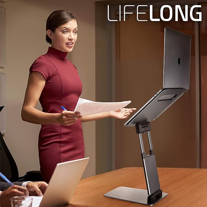 Lifelong Aluminum Adjustable Laptop Stand, Extra Tall 20" Riser, Silver | Ergonomic Laptop Stand for Desk, Portable Foldable Computer Stand, Fits 10-17 Inch Laptops & MacBooks - Image 2