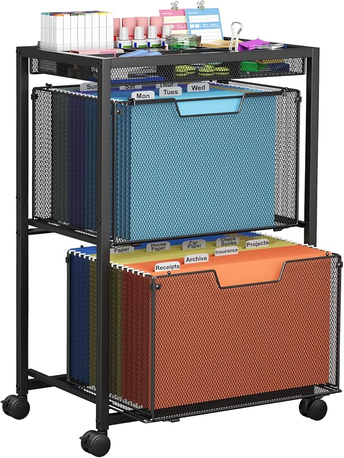 Rolling File Cart with 2 Drawers, Under Desk Storage Cabinet with DIY Divider, Letter/Legal Mobile Filling Cabinet on Wheels, Hanging File Folders Organizer, Metal Utility Cart for Home Office, Black by JKsmart