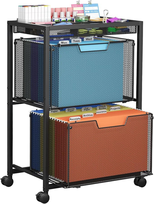 Rolling File Cart with 2 Drawers, Under Desk Storage Cabinet with DIY Divider, Letter/Legal Mobile Filling Cabinet on Wheels, Hanging File Folders Organizer, Metal Utility Cart for Home Office, Black by JKsmart