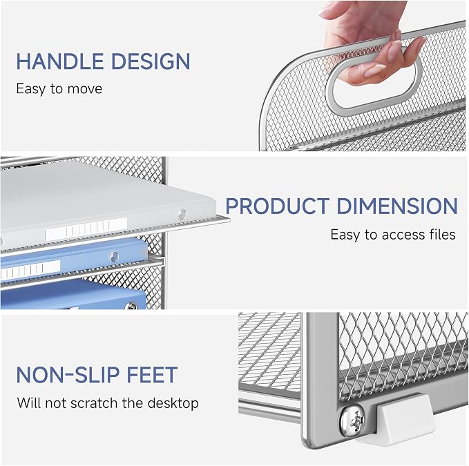 Lavatino 4-Tier Paper Organizer Trays - Silver Mesh File Folder Sorter with Handles, Desk Letter Holder Organizer for Office, Home, School Supplies Storage & Organization - Image 2