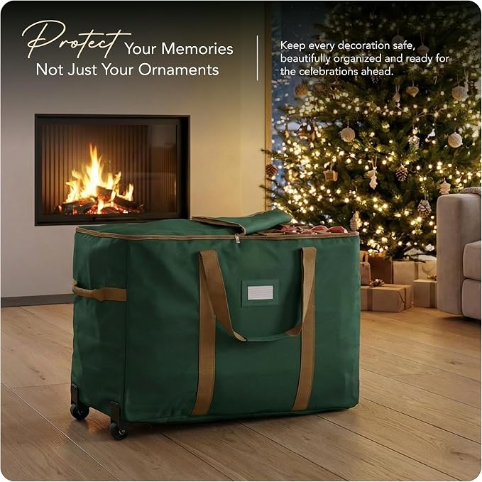 Covermates Keepsakes Rolling Adjustable Ornament Storage Bag – Heavy-Duty Polyester, FlexGrid Trays & Padded Dividers – Protective Holiday Organizer with Wheels, Handles & ID Window, Green - Image 2