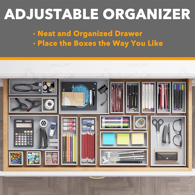 SpaceAid 21-Piece Bamboo Drawer Organizer Storage Boxes Set, Wood Tray Junk Drawer Organizers Multi-Use Divider Bins for Kitchen, Bathroom, Office Desk and Makeup Organization (21 Pack, Gray) - Image 5