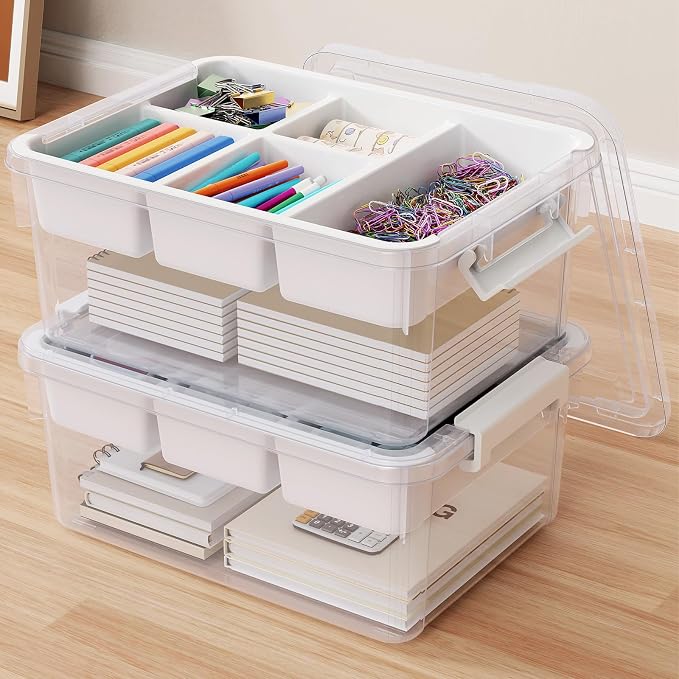 40Qt Stackable Storage Bins with Lids Trays Craft Box Organizers, 2Pack,WH | Clear Plastic Latching Boxes Organizers with Dividers Portable Containers for Arts & Crafts, Home Office Classroom Car Trunk by HOMETUK