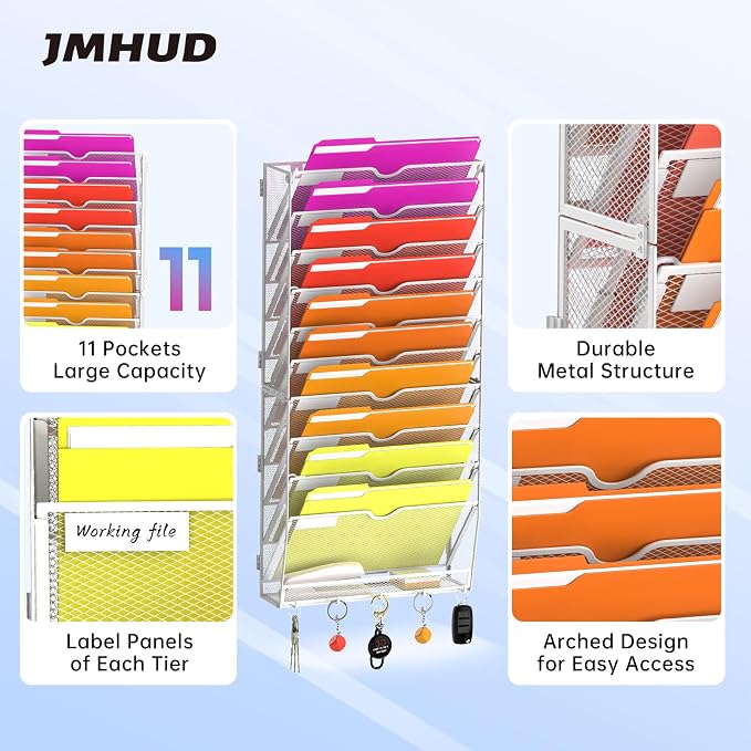 11-Tier Wall File Organizer with Base and Hooks, Hanging Organizer, White | Wall Organizer and Wall File Holder with 11 Vertical Pockets and Bottom Tray for Files, Mail, Folders, Magazines and Paper - Image 3