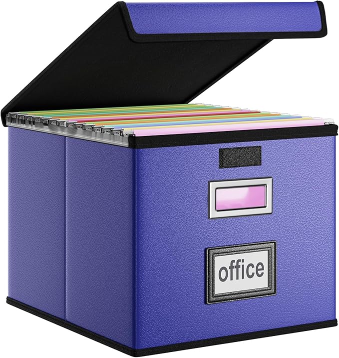 File Organizer Box with Lids, Collapsible File Folder Organizer | File Box with Plastic Slides for Document, Filing Bin for Letter Size Hanging File Folders (1 Pack, Navy Blue, Leather) by Huolewa