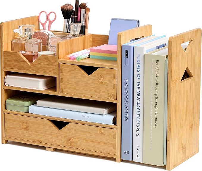 Pandorama Bamboo Desk Organizer Medium - Drawers & Adjustable File Holder, Fully Assembled Wood Desktop Storage for Kitchen, Bedroom, Bathroom, Study Room by Pandorama