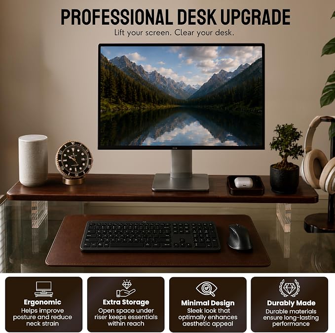 Bamboo Monitor Riser, Wide Desktop Monitor Stand for Desk with Clear Acrylic Legs, 31.5 x 8" Bamboo Wood Shelf, Fit Keyboard, Home Office Workspace Accessories,Study Stationaries Storage (Dark Brown) - Image 4