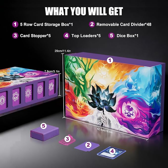 Kabinka 5 Row MTG Card Storage Box with Commander Display and Art Printing | 3900+ Trading Card Deck Box for MTG Sport Cards, 5 Top Loaders, 5 Stoppers, 48 Dividers,1 Dice Tray (Art) - Image 5