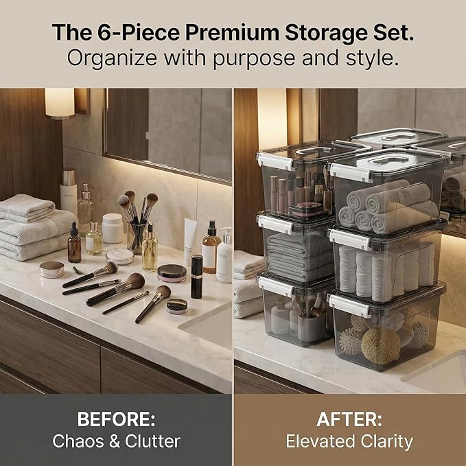 6 Quart Stackable Plastic Storage Bins with Lids, 6 Pack Clear Black Small Organizer Boxes with Latches for Bathroom, Pantry, Office Desk and Small Item Storage - Image 4
