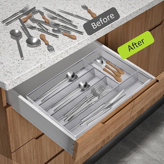 Neudeco Silverware Drawer Organizer, Silver, 5 Compartment | Mesh Wire, Non-Slip Feet, Cutlery Tray, Flatware Storage Divider - Image 7