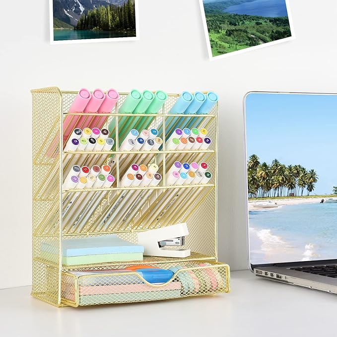 Spacrea Mesh Pen Organizer - Pencil Holder for Desk, Desk Organizer with Drawer for School, Home, Art Supplies (Gold) - Image 3