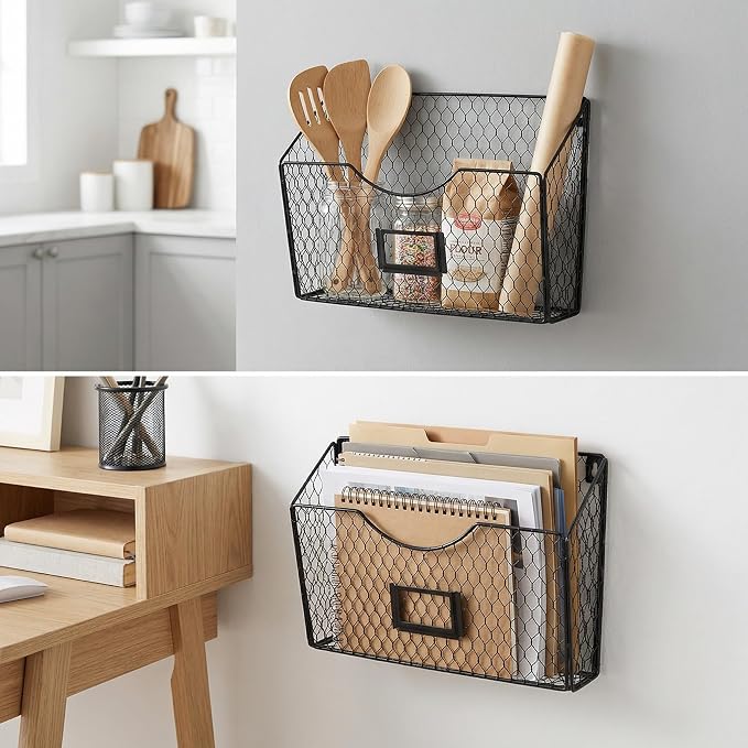 3 Pockets Hanging File Holder Wall Mount Mail Organizer Metal Chicken Wire Magazine Rack with Tag Slot, Black - Image 7