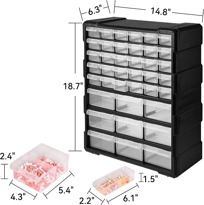 Elevon Hardware and Craft Cabinet 14.8" W x 6.3" D x 18.7" H, 39 Drawers, Black - Image 3