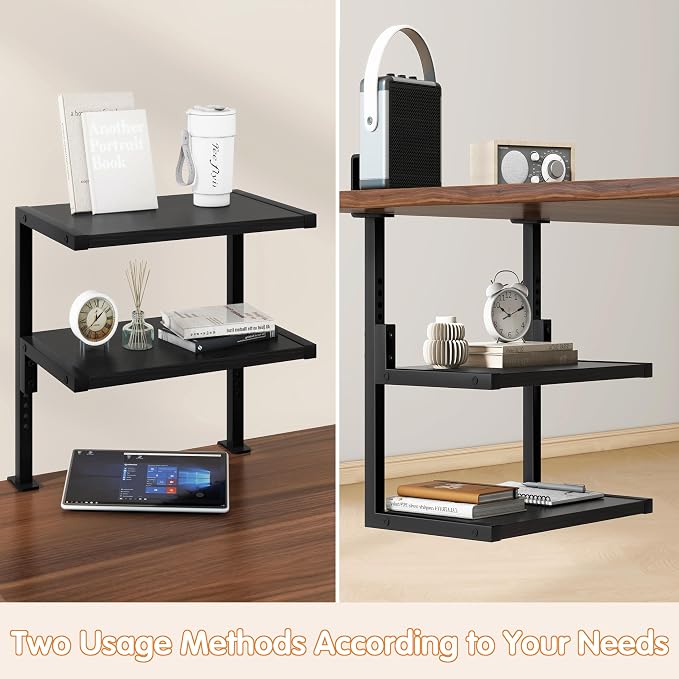 IBUYKE Clamp on Desk Organizer Shelf,Desk Extender Shelves TMZ007B | 12.9 inches,2-Tier Adjustable Storage Shelves, Above or Below Desk, for Desktop Accessories,Black - Image 4