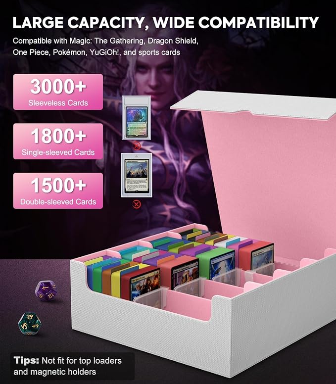 MoKo Trading Card Storage Box for MTG, 3000+ Card Organizer, Pink+White | MTG Deck Box, w/ 24 Colorful Dividers & 4 Card Supporters, MTG Card Storage for Magic Game, TCG, PTG Baseball and Sport Cards - Image 3