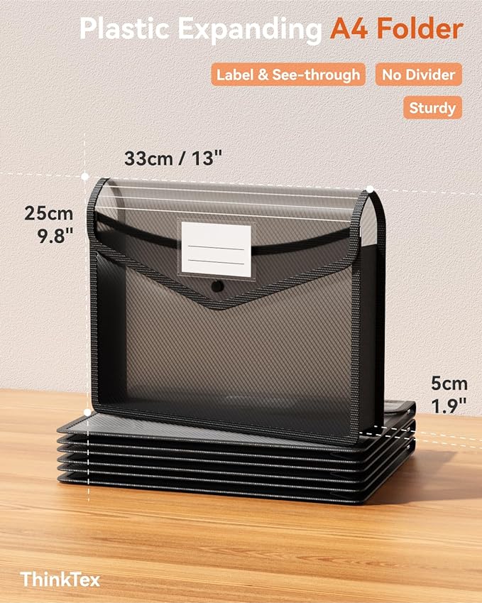 ThinkTex Plastic Expanding File Folder, Transparent envelopes with Snap | No Dividers, Large Capacity, Fit Letter/A4 Size - 5 Packs - Image 2