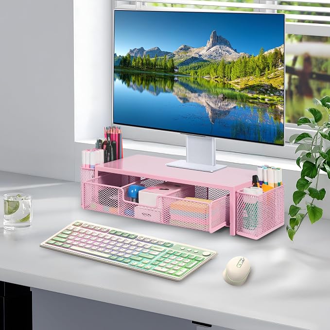 Qupui Computer Monitor Stand Riser with Drawer and Pen Holders, Desk Organizer Shelf and Accessories, Office Desk Accessories, Office Organization, Pink - Image 6