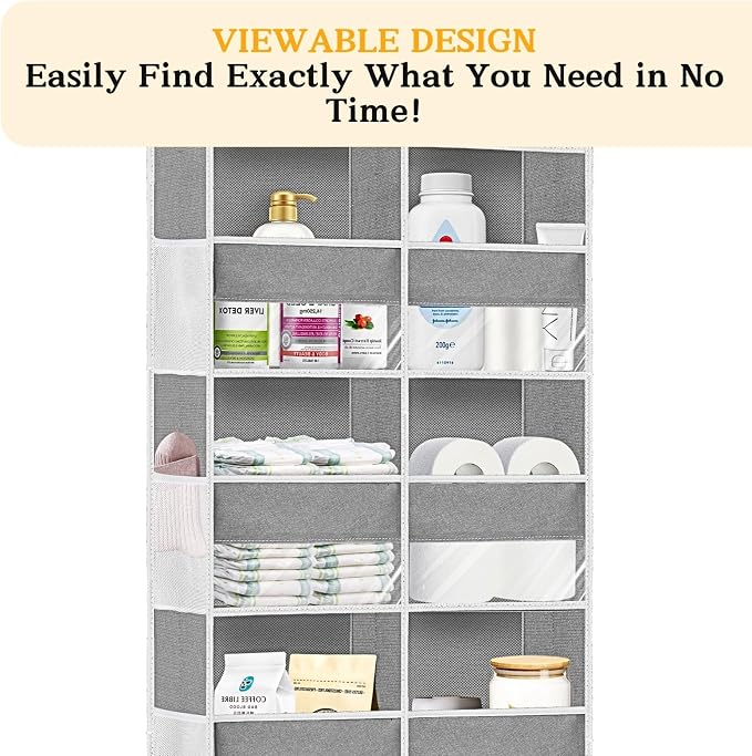 Over The Door Organizer 6 Tiers, Extra Large Behind Door Storage of 12 Compartments, 80 lbs Weight Capacity Hanging Storage Organizer with Clear Window Kids Toys,Shoes,Diapers,Room Storage,Light Grey - Image 5
