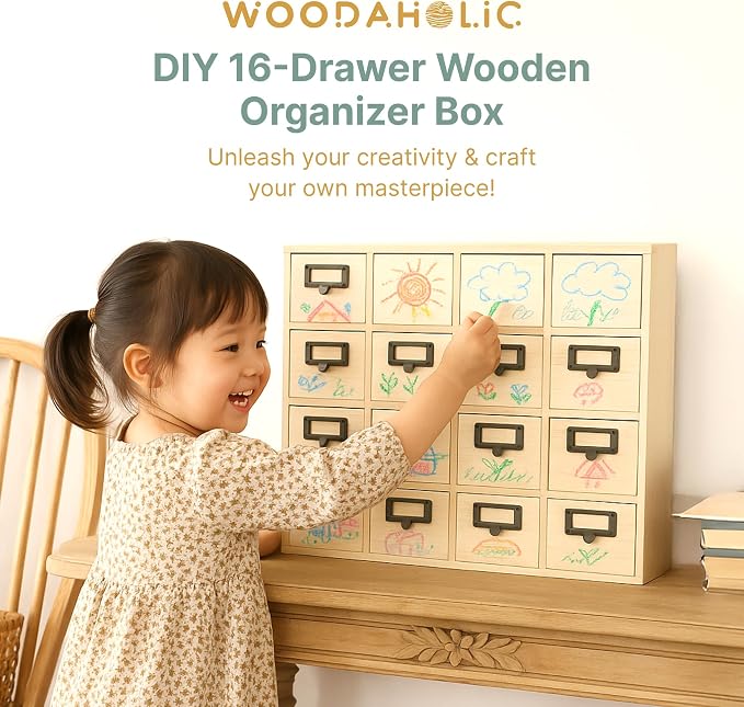 DIY Wooden Desk Organizer with Drawers – Unfinished 16-Drawer Wood Desk Organizer for Crafts, School, or Office – Customizable Wooden Apothecary Cabinet for Creative Storage – Natural Wood Finish - Image 3