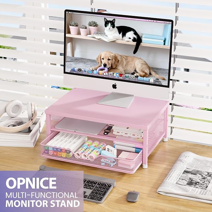 Computer Monitor Stand Riser, Desk Organizer with Drawer, Printer & Laptop Stand, Office Desk Accessories & Workspace Desktop Organizers Storage for Office Supplies(Pink) - Image 3