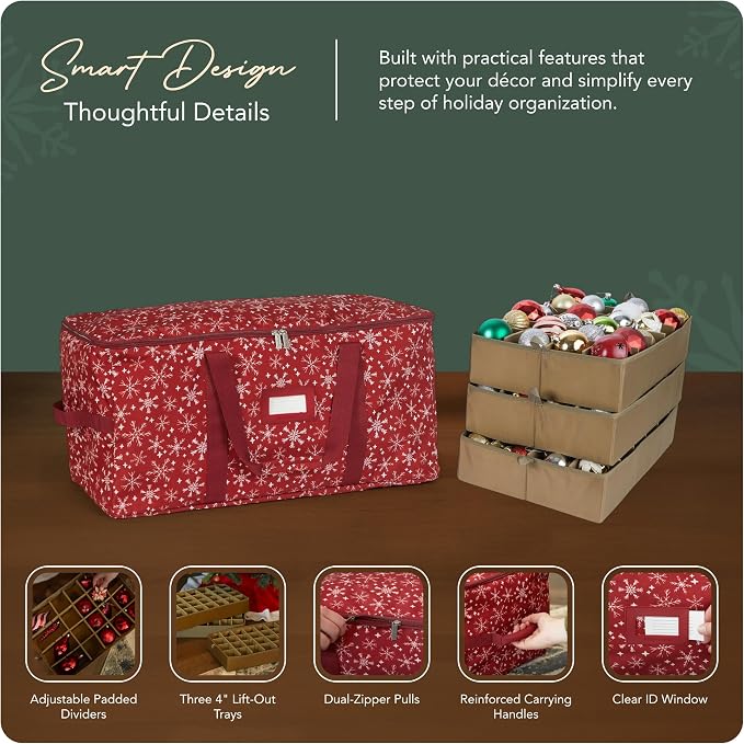 Covermates Keepsakes Adjustable Ornament Storage Bag – Heavy-Duty Polyester, Padded Dividers & FlexGrid Trays – Protective Holiday Ornament Organizer with Handles & Label Window, Red Snowflake - Image 4