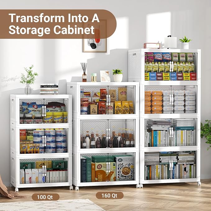 BROVIEW 300QT Large Stackable Storage Bins with Clear Doors, V20 3Pack | 75Gal Plastic Closet Organizer Cabinet with Lid and Wheels, Collapsible Latch Box Folding Drawer for Home, White - Image 8