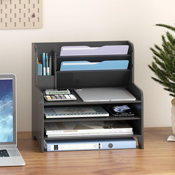 Bamboo File Organizer for Desk, Paper Tray with Pen Holder | Open tiers and a pen holder sort Letter/A4 paper, folders and office supplies while keeping your workspace clutter-free - Image 2