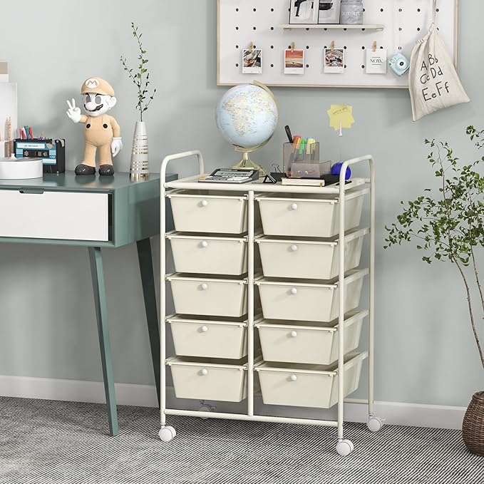 COSTWAY 10 Drawer Rolling Storage Cart, Utility Cart with Lockable Wheels | Mobile Art Supply Craft Organizer with Metal Frame, Multipurpose Drawer Cart for Paper for Office, School, White - Image 2