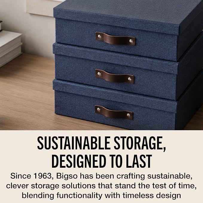 Bigso Oskar Canvas Fiberboard Document Letter Box - File Organizer Box for Important Paperwork - Document Storage with a Lid & Handle - 3.3 in x 10.2 in x 13.8 in - 3 Pack - Blue - Image 7
