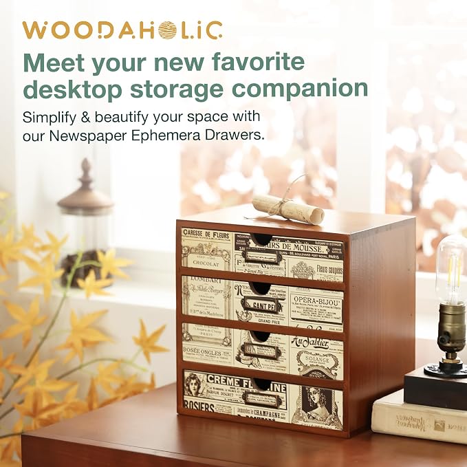4-Drawer Vintage Ephemera Pattern Desktop Organizer - Arts and Craft Newspaper Design Desk Storage Cabinet - Ephemera Wood Shelf Drawers with Label Holders - Scrapbook Collecting - Image 6