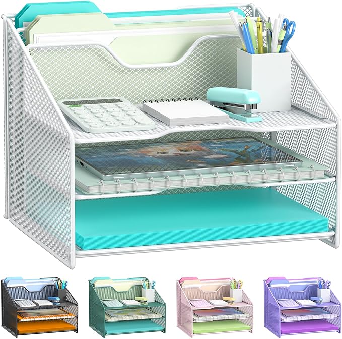 Samstar White Desk File Organizer, Mesh Letter File Folder Holder with 3 Paper Trays and 2 Vertical Upright Section, for Office Supplies, Desk Accessories & Workspace, White by Samstar